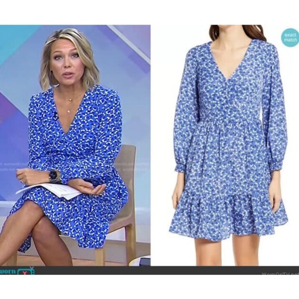 Eliza J Floral Surplice Neck Long Sleeve Fit & Flare Dress Blue Size 8 NEW